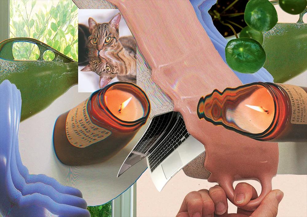 A digital collage with a hand holding a stretched pink mug, reflected candles, a bluish blob, a distorted cat, and some plant-like accents.